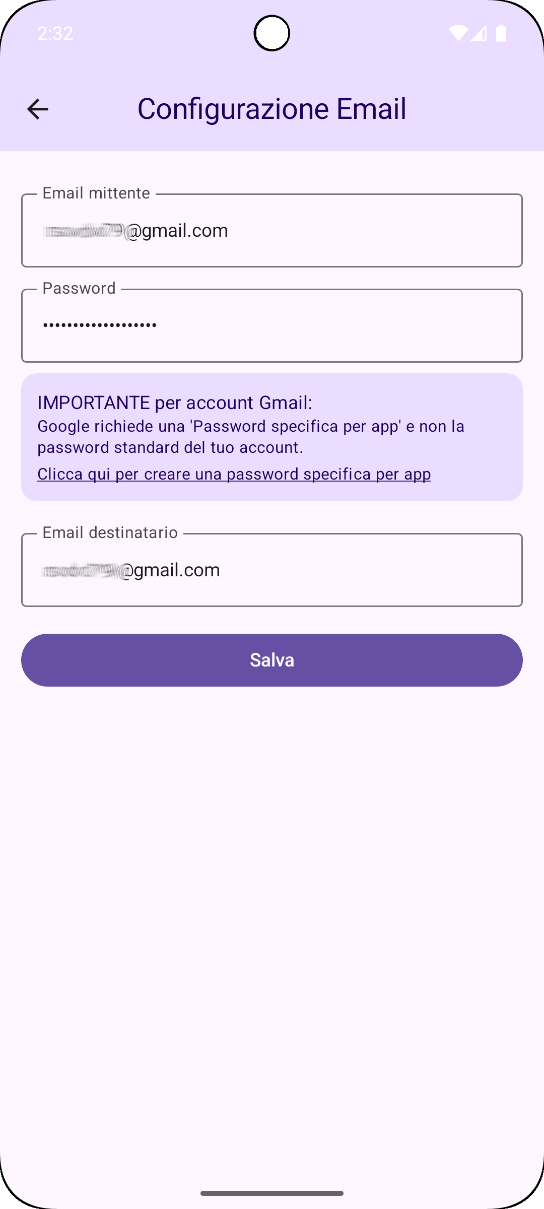 Schermata configurazione