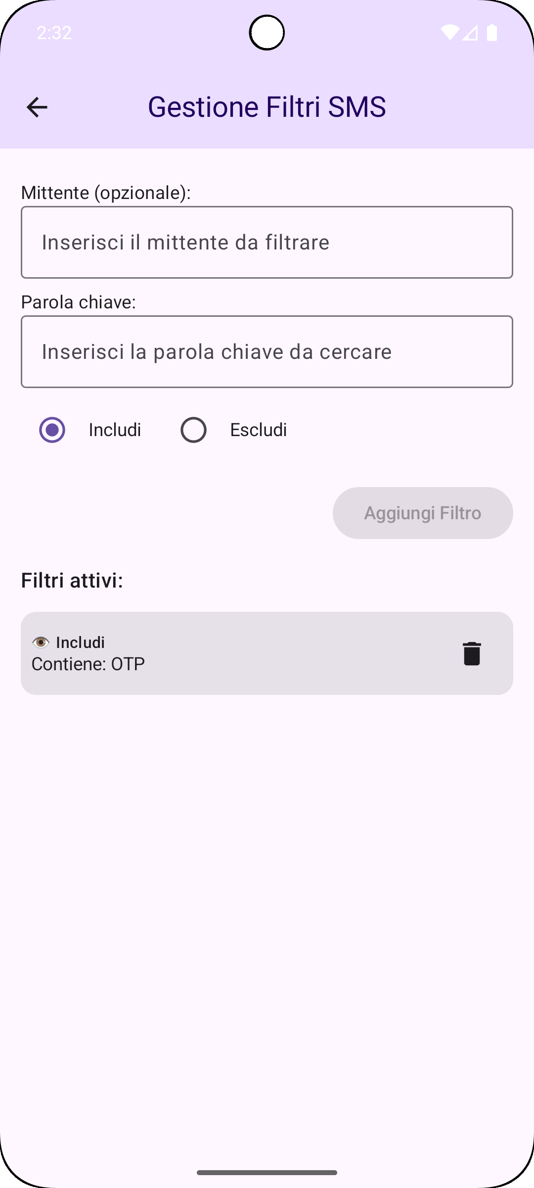 Schermata filtri