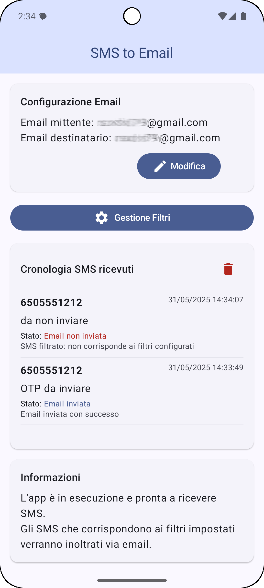 Schermata elenco SMS